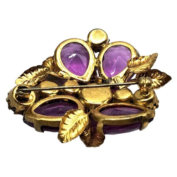 Austria Rhinestone Brooch Pink Purple Gold Tone Leaves Pin Vintage Costume Jewel - Picture 10 of 11